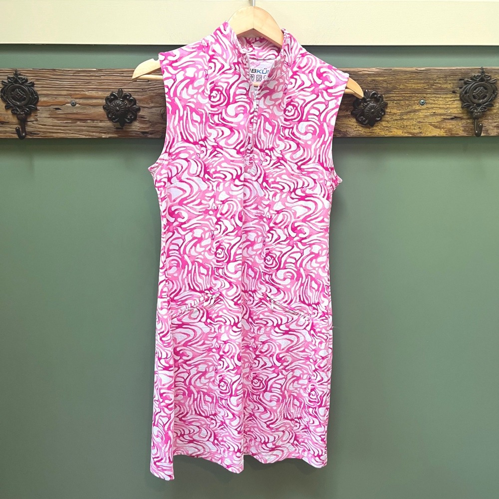 IBKUL Womens Pink White Swirl Sleeveless Golf Dress UPF 50+ Mock Neck Small
